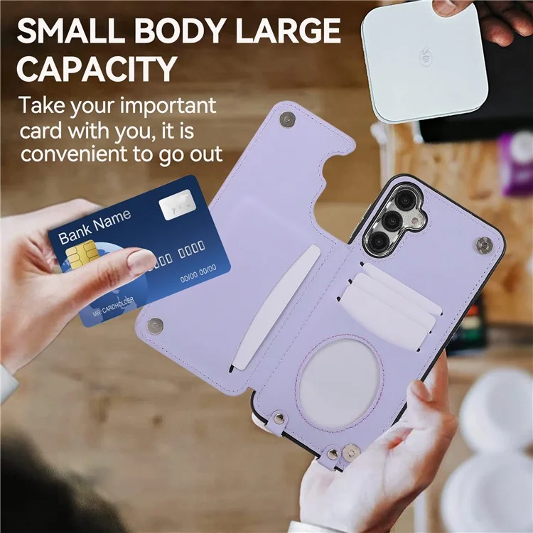 Для чехла Samsung Galaxy S23 FE RFID Blocking Card Holder Ring Kickstand Cover с плечевым ремнем - фиолетовый