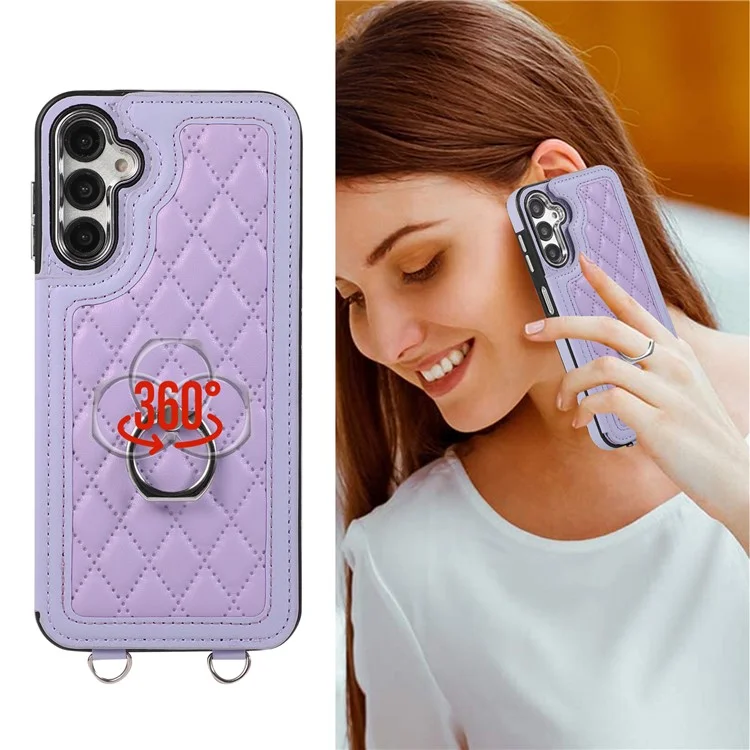 Для чехла Samsung Galaxy S23 FE RFID Blocking Card Holder Ring Kickstand Cover с плечевым ремнем - фиолетовый
