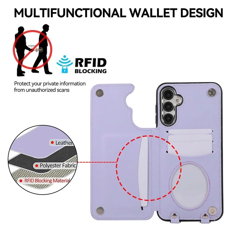 Для чехла Samsung Galaxy S23 FE RFID Blocking Card Holder Ring Kickstand Cover с плечевым ремнем - фиолетовый