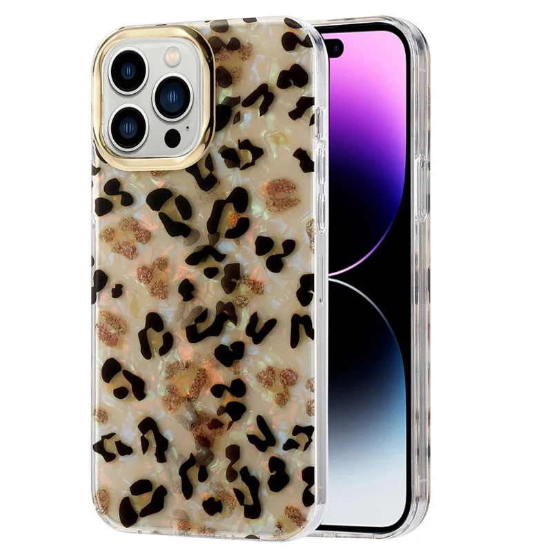 For iPhone 14 Pro Max Case Pattern IMD Design PC+TPU Phone Cover with Electroplating Lens Frame - Y4-Glitter Leopard