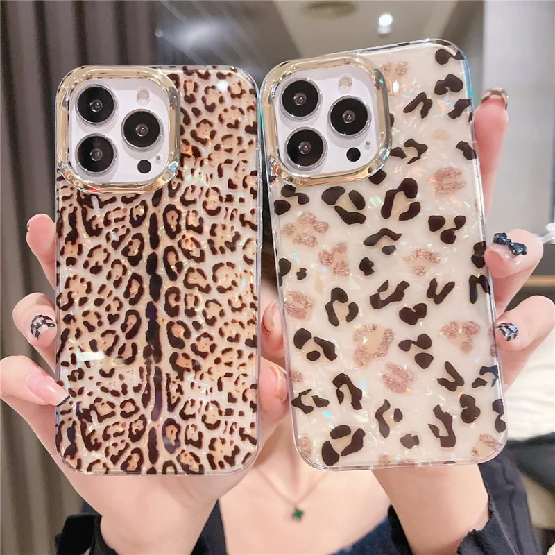 For iPhone 14 Pro Max Case Pattern IMD Design PC+TPU Phone Cover with Electroplating Lens Frame - Y4-Glitter Leopard