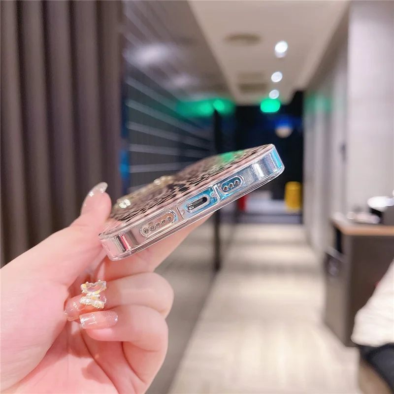 For iPhone 14 Pro Max Case Pattern IMD Design PC+TPU Phone Cover with Electroplating Lens Frame - Y4-Glitter Leopard