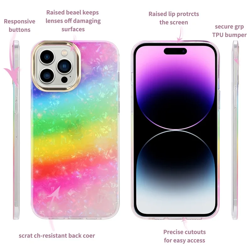 For iPhone 14 Pro Max Case Pattern IMD Design PC+TPU Phone Cover with Electroplating Lens Frame - Y4-Glitter Leopard