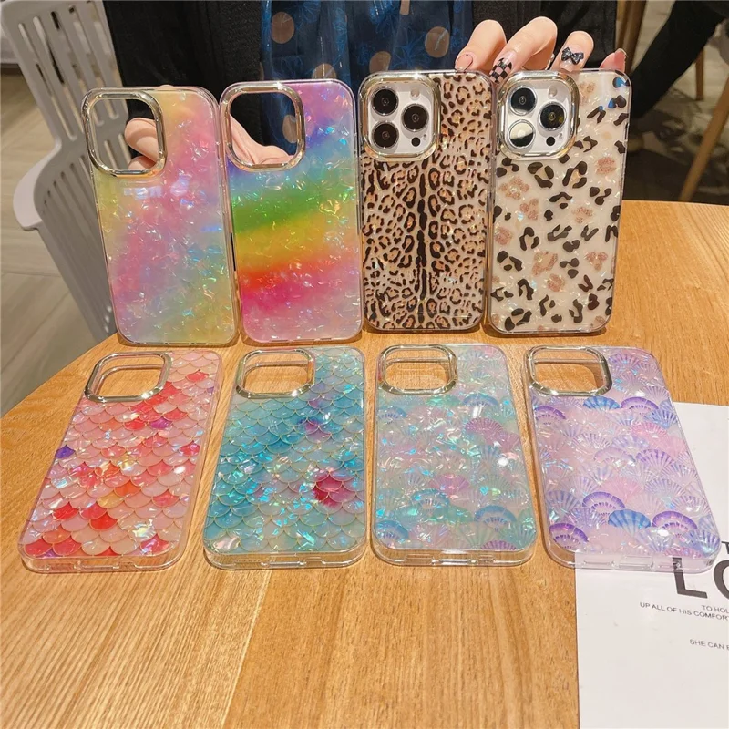 For iPhone 14 Pro Max Case Pattern IMD Design PC+TPU Phone Cover with Electroplating Lens Frame - Y4-Glitter Leopard