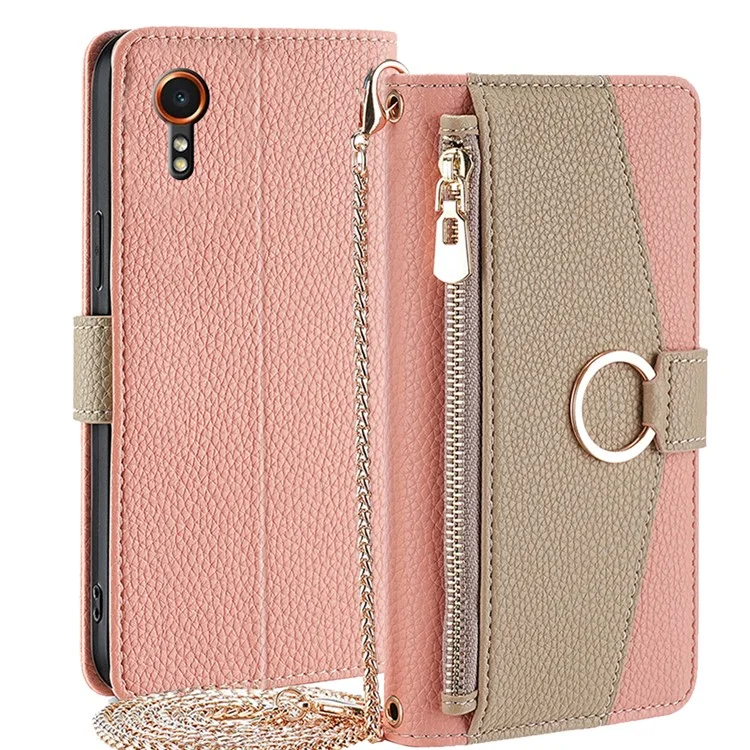 For Samsung Galaxy Xcover7 Phone Case Crossbody Zipper Wallet Cover with Makeup Mirror - Pink