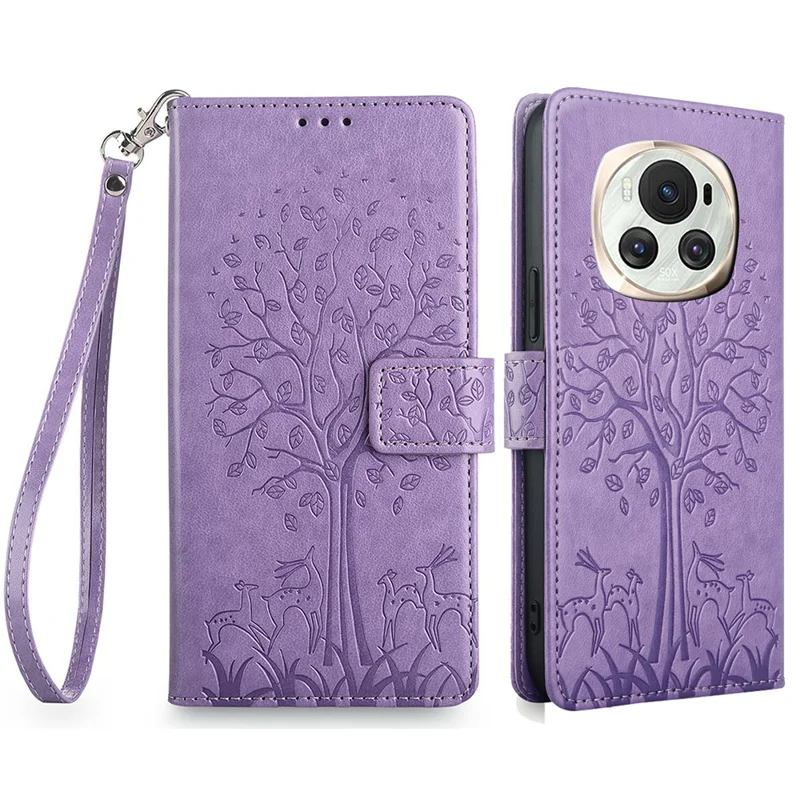 For Honor Magic6 5G Wallet Case Deer Tree Pattern PU Leather Stand Phone Cover - Purple