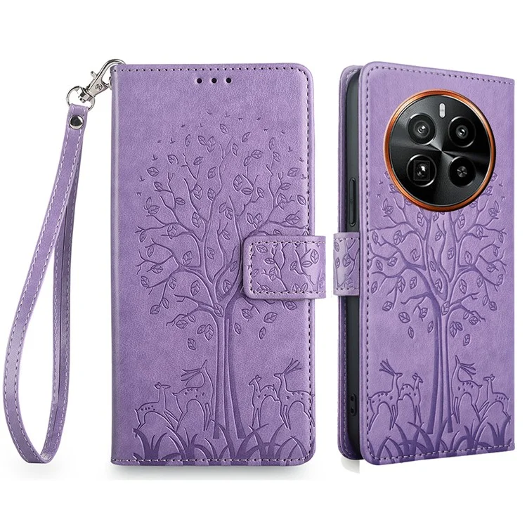 Para Realme GT5 Pro 5G Case Deer Tree Imprinted PU Leather Flip Wallet Phone Cover - Roxo