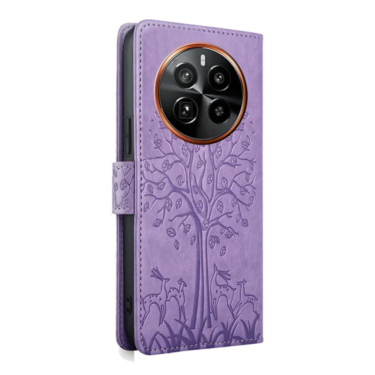 Para Realme GT5 Pro 5G Case Deer Tree Imprinted PU Leather Flip Wallet Phone Cover - Roxo