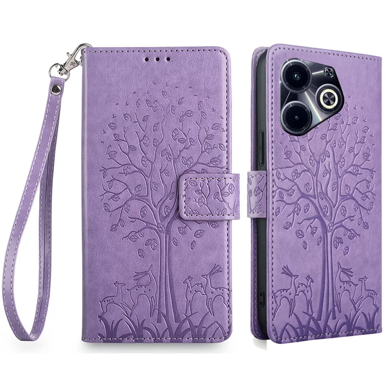 For Infinix Hot 40i Phone Case Deer Tree Pattern Card Slots Cover with Wrist Strap - Purple