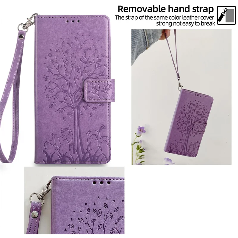 For Infinix Hot 40i Phone Case Deer Tree Pattern Card Slots Cover with Wrist Strap - Purple
