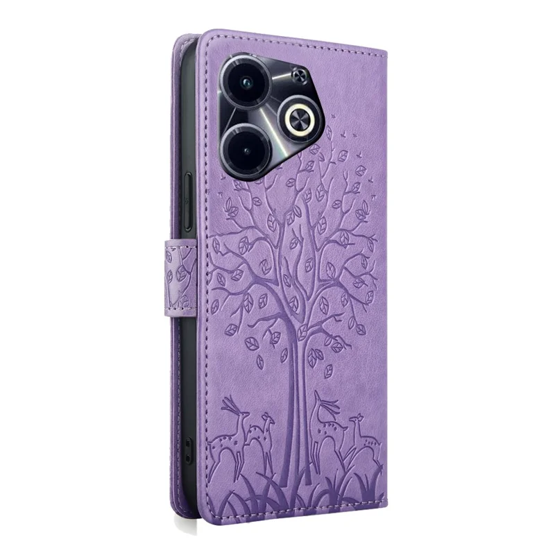 For Infinix Hot 40i Phone Case Deer Tree Pattern Card Slots Cover with Wrist Strap - Purple