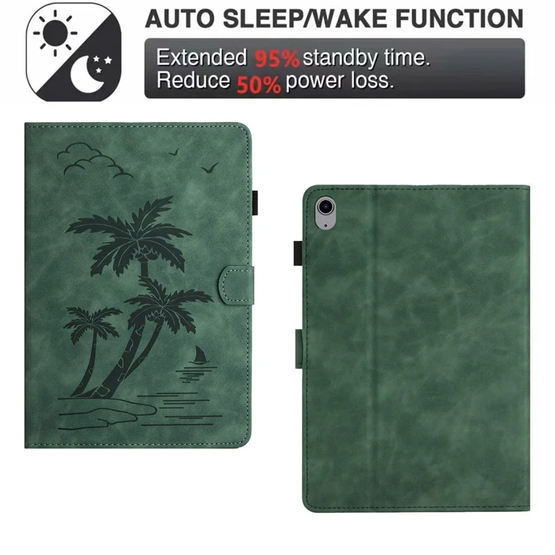 For iPad mini (2024) / mini (2021) Smart Case PU Leather Coconut Tree Imprinted Tablet Cover with Card Holder - Green