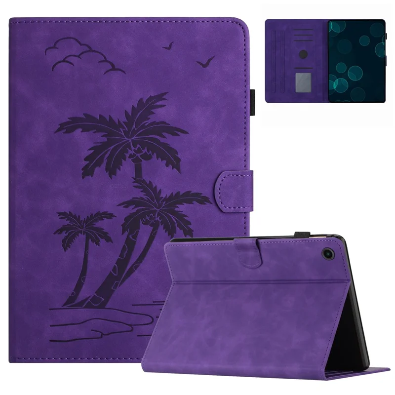 For Samsung Galaxy Tab A9 X110 X115 Case PU Leather Card Slots Cover Coconut Tree Pattern - Purple