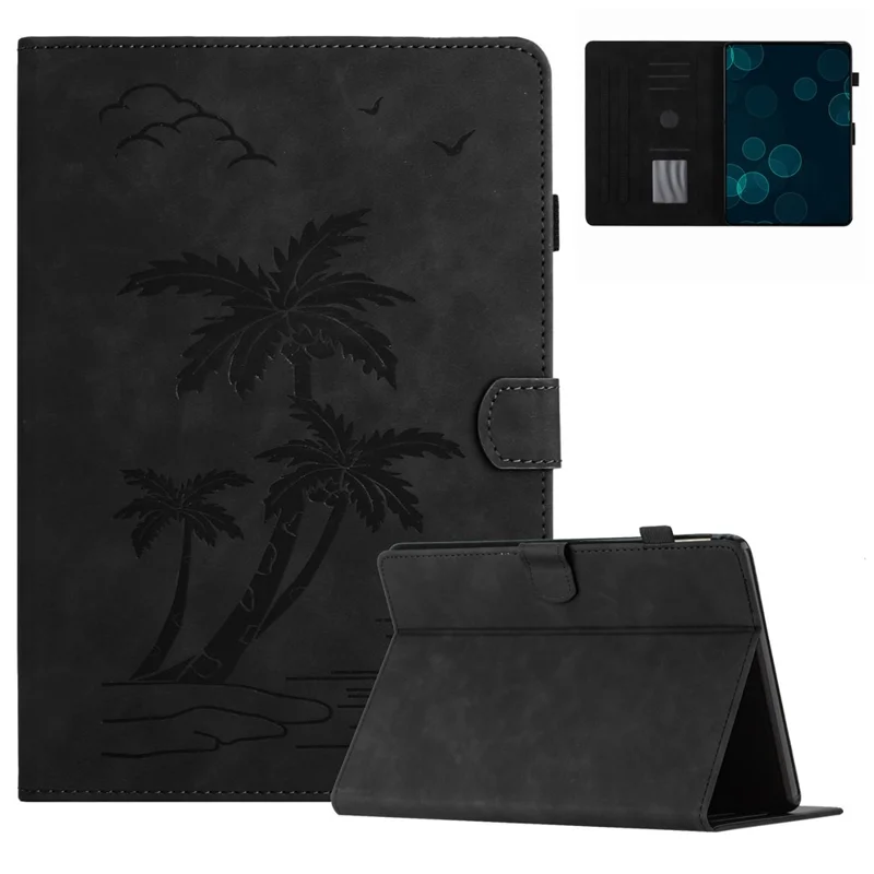 For Amazon Kindle Paperwhite 5 (2021) Case Card Holder Coconut Tree Imprinted Leather Cover - Black