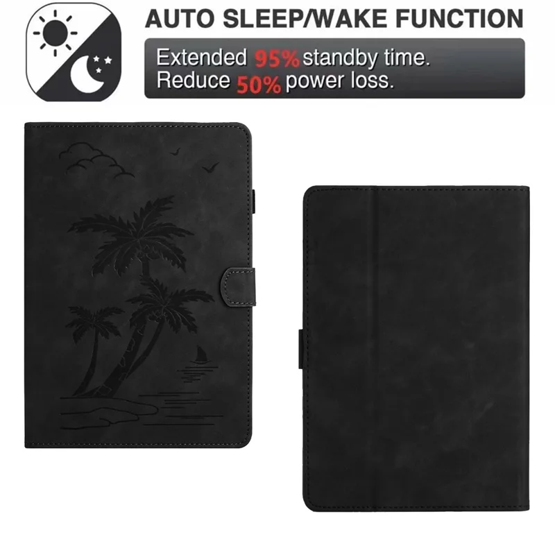 For Amazon Kindle Paperwhite 5 (2021) Case Card Holder Coconut Tree Imprinted Leather Cover - Black