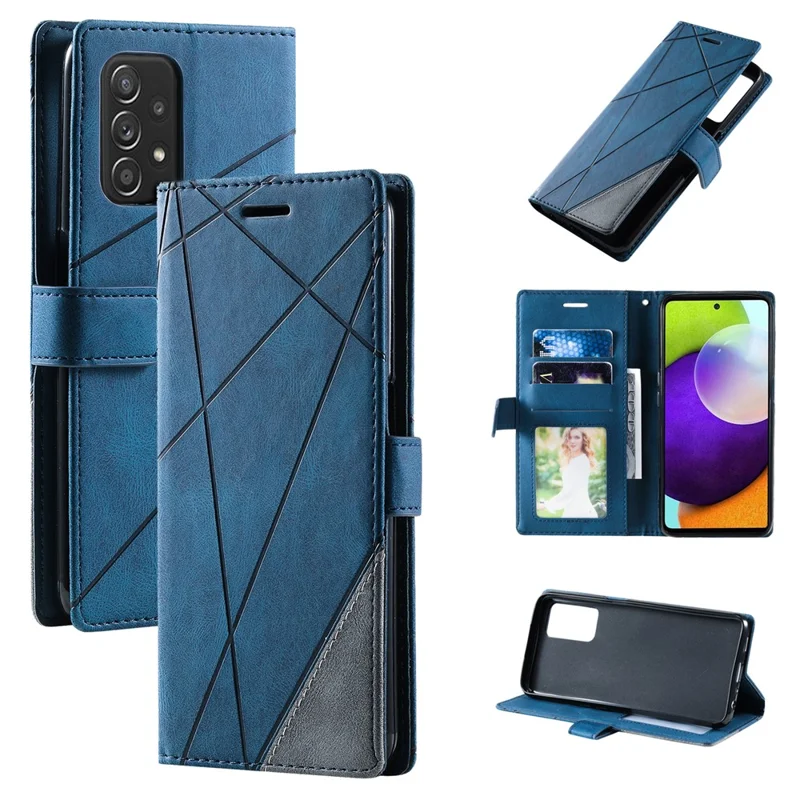 For Samsung Galaxy A33 5G Wallet Case PU Leather Phone Back Cover Lines Imprinted - Blue