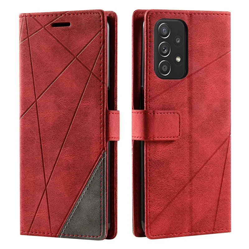 For Samsung Galaxy A33 5G Wallet Case PU Leather Phone Back Cover Lines Imprinted - Red