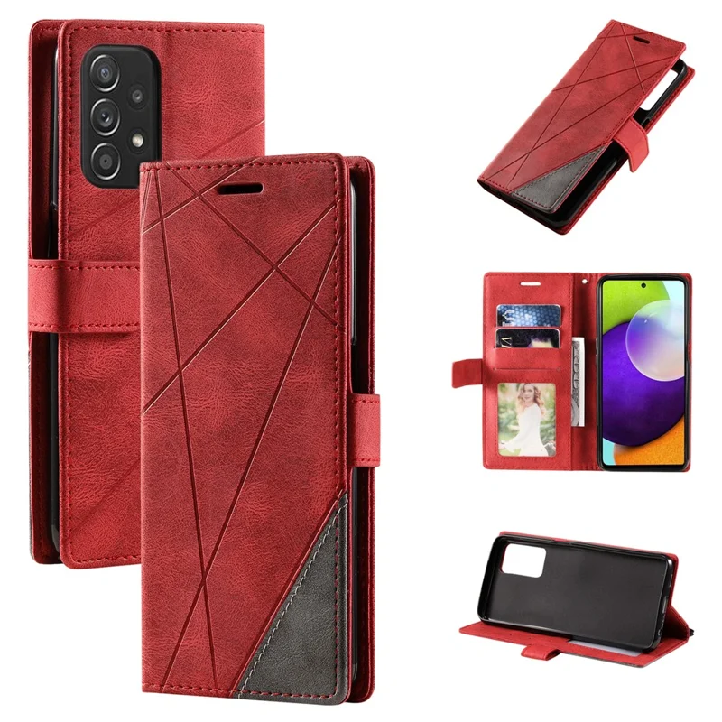 For Samsung Galaxy A33 5G Wallet Case PU Leather Phone Back Cover Lines Imprinted - Red