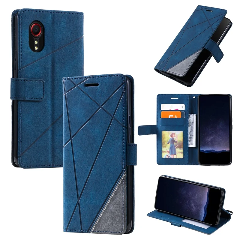 For Samsung Galaxy Xcover 5 Wallet Case Lines Imprinted PU Leather Phone Back Cover - Blue