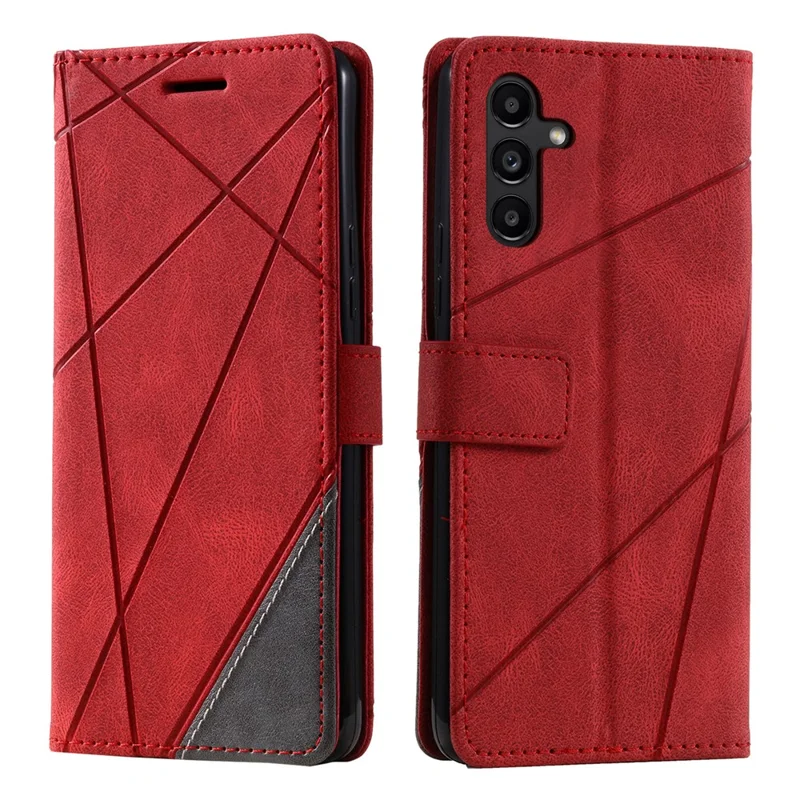 For Samsung Galaxy A54 5G Case Phone Leather Cover Lines Imprinted Splicing Design - Red