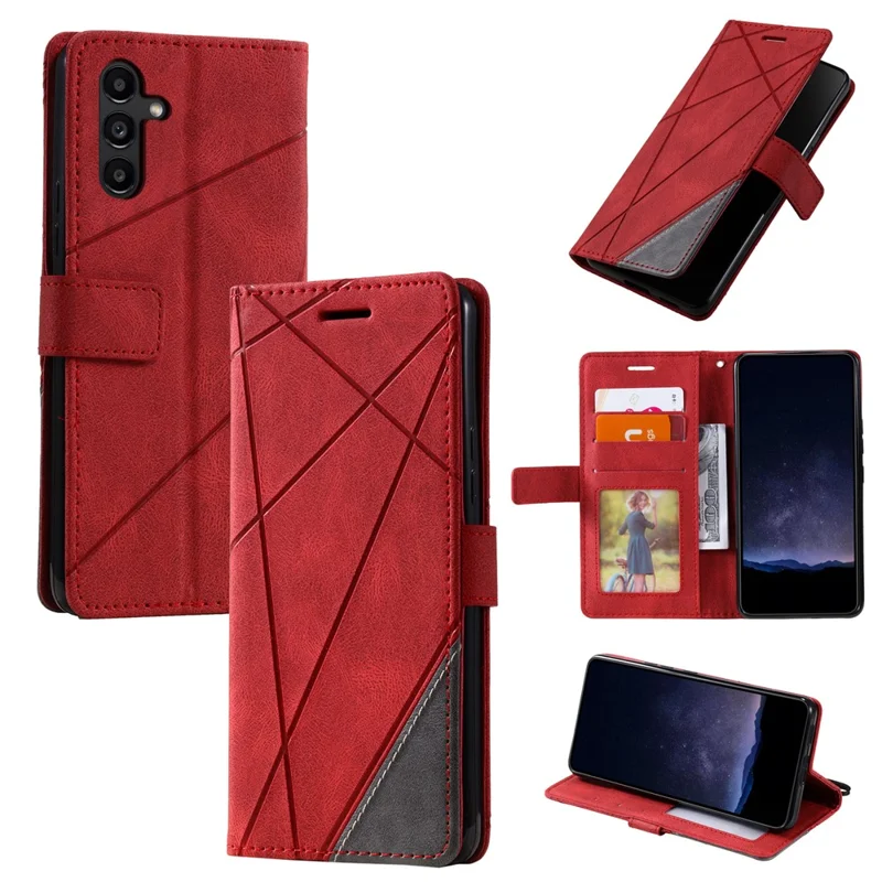 For Samsung Galaxy A54 5G Case Phone Leather Cover Lines Imprinted Splicing Design - Red