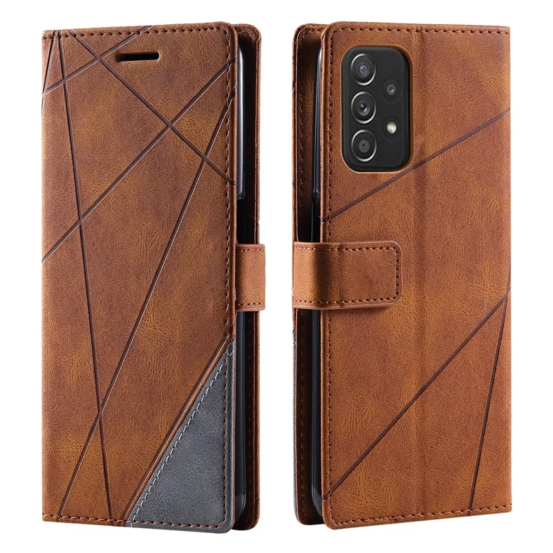 For Samsung Galaxy A73 5G Case PU Leather Phone Back Cover Lines Imprinted Wallet - Brown