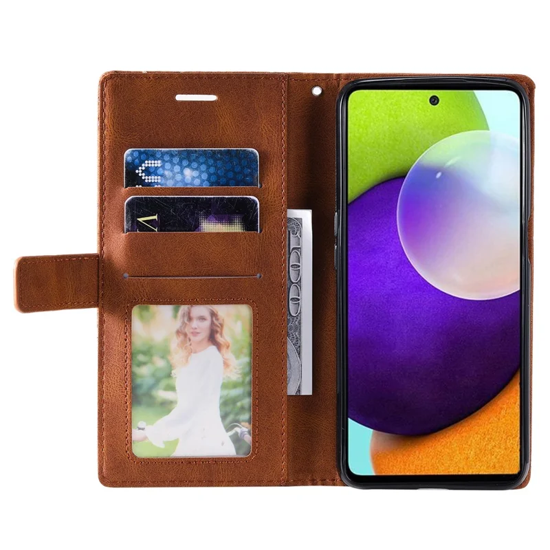 For Samsung Galaxy A73 5G Case PU Leather Phone Back Cover Lines Imprinted Wallet - Brown