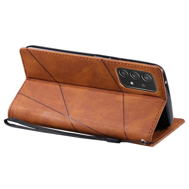 For Samsung Galaxy A73 5G Case PU Leather Phone Back Cover Lines Imprinted Wallet - Brown