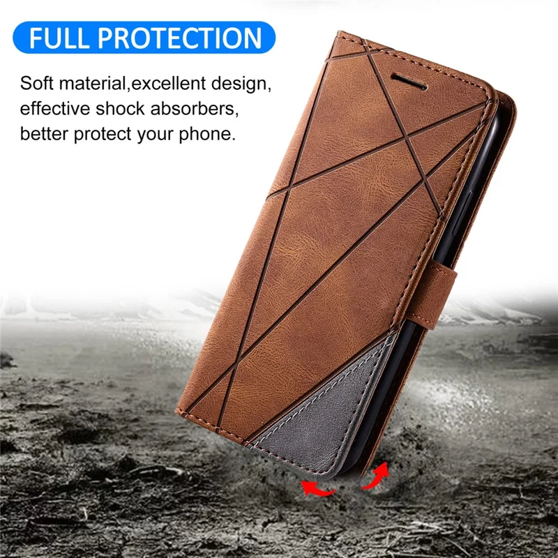 For Samsung Galaxy A73 5G Case PU Leather Phone Back Cover Lines Imprinted Wallet - Brown