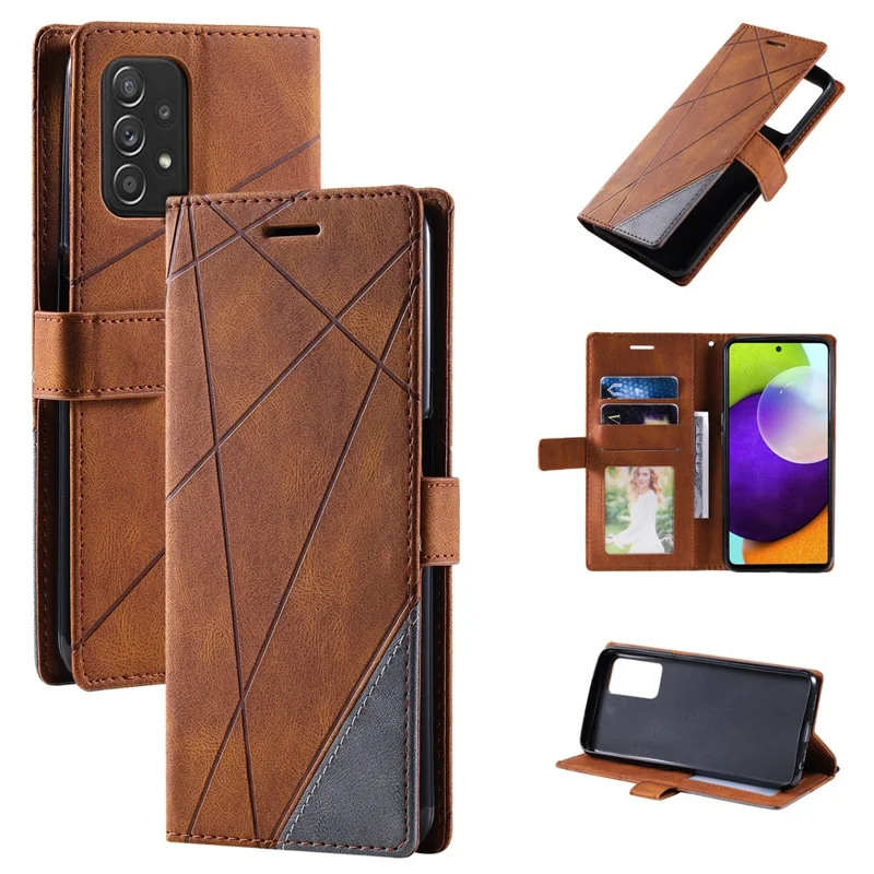 For Samsung Galaxy A73 5G Case PU Leather Phone Back Cover Lines Imprinted Wallet - Brown