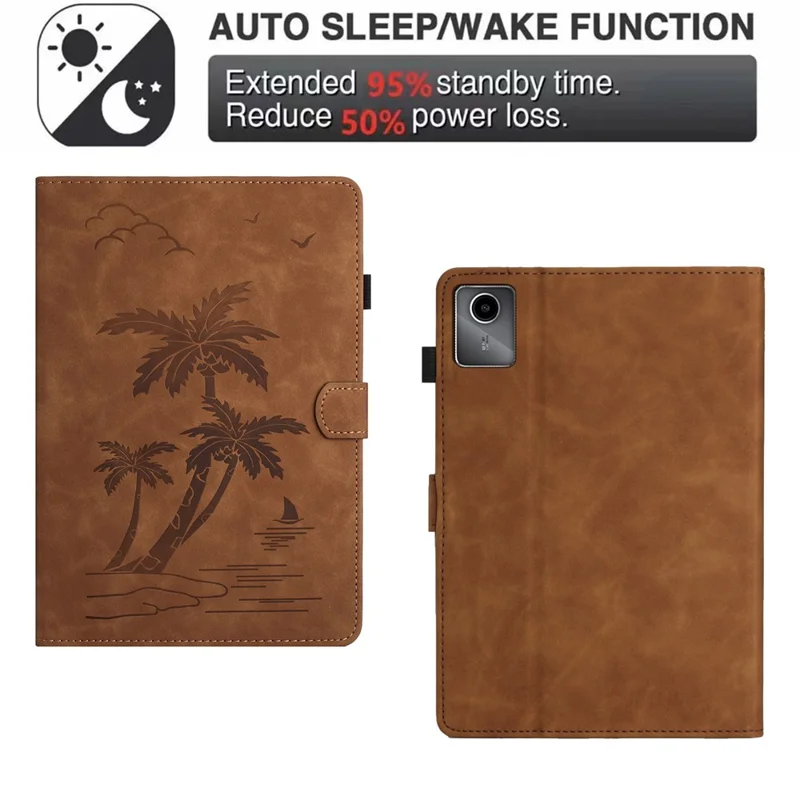 For Xiaomi Pad 6 / Pad 6 Pro Case Card Holder Stand Coconut Tree Imprinted Leather Tablet Cover - Brown