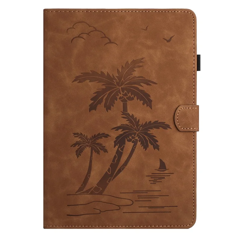 For Xiaomi Pad 6 / Pad 6 Pro Case Card Holder Stand Coconut Tree Imprinted Leather Tablet Cover - Brown