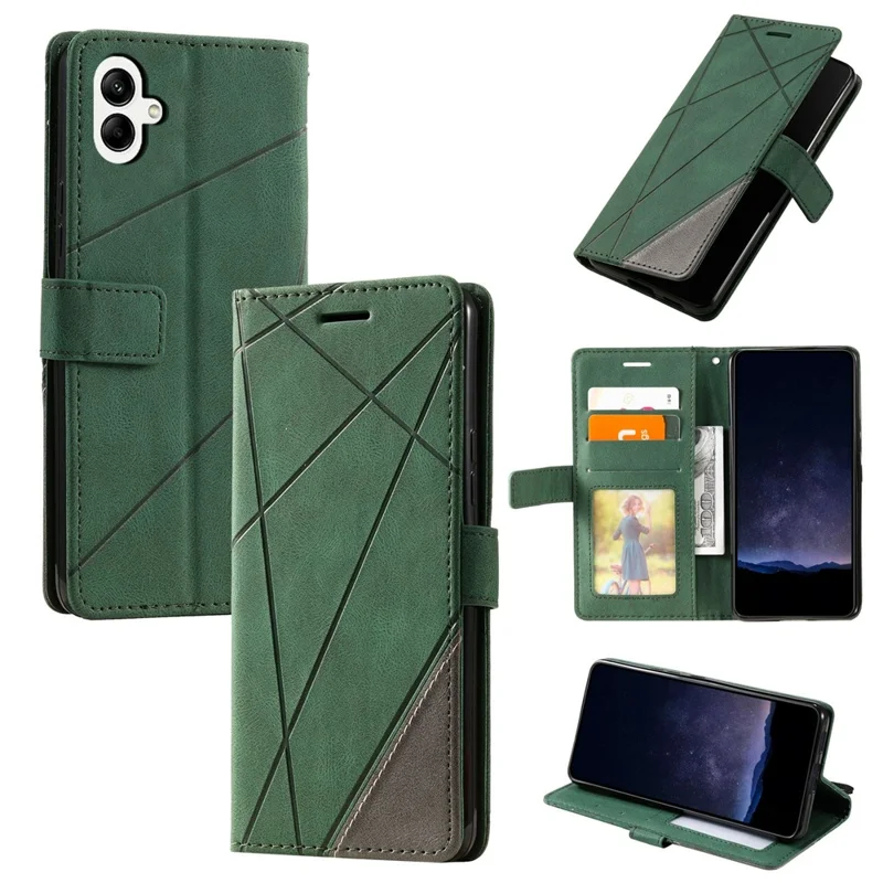 For Samsung Galaxy A05 4G Leather Case Lines Imprinted Skin-touch Wallet Phone Cover - Green