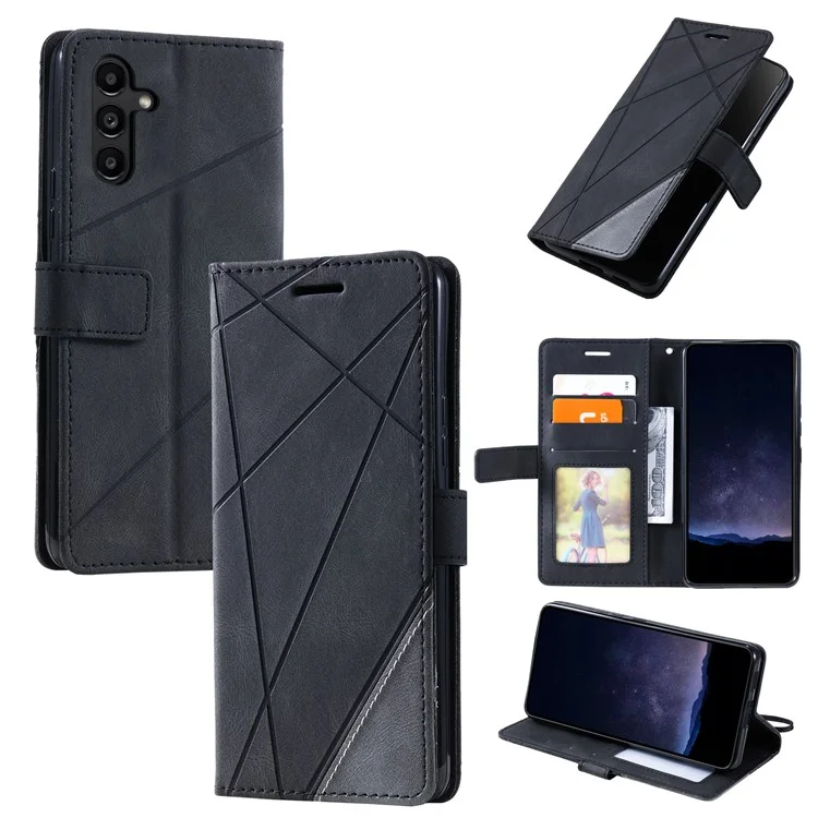 Para Samsung Galaxy A55 5G Capa de Telefone à Prova de Choque Suporte de Suporte PU Leather Wallet Imprinted Line Case - Preto