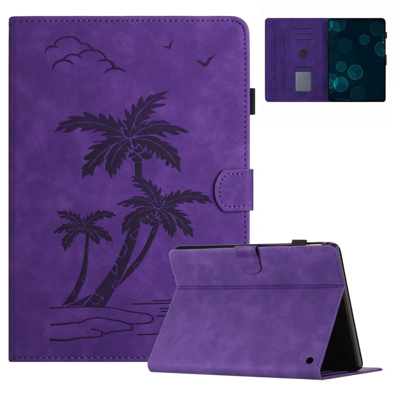 For Amazon Fire Max 11 Case PU Leather Viewing Stand Coconut Tree Tablet Cover with Card Holder - Purple