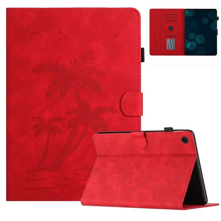 For Samsung Galaxy Tab A9+ (X210 / X216) Case with Card Holder Coconut Tree Pattern PU Leather Tablet Cover - Red