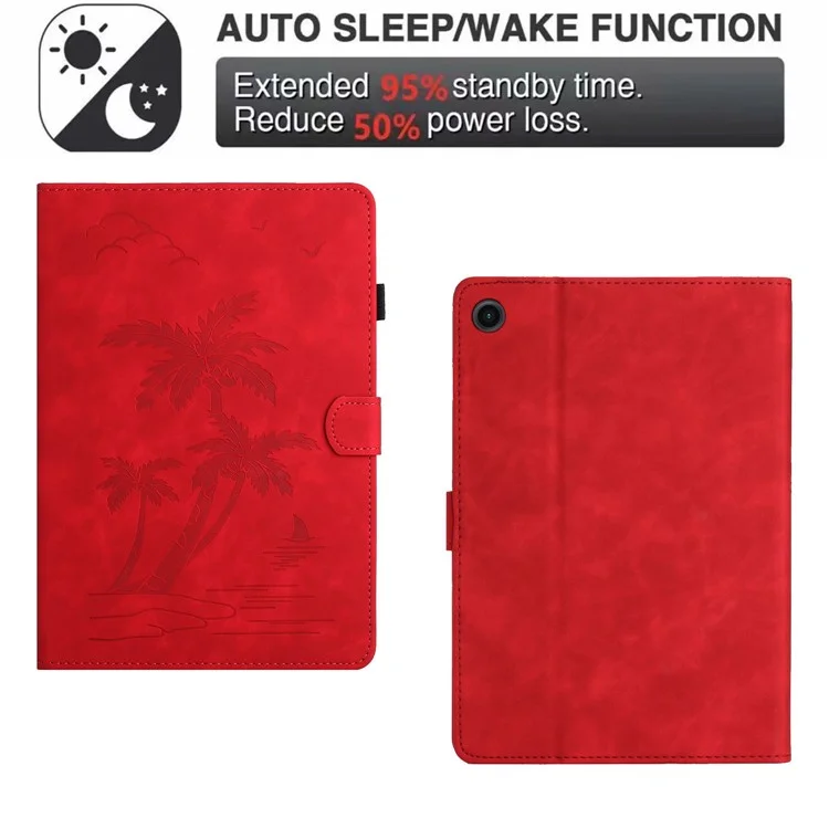 For Samsung Galaxy Tab A9+ (X210 / X216) Case with Card Holder Coconut Tree Pattern PU Leather Tablet Cover - Red