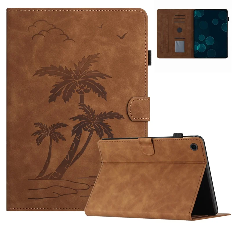 For Samsung Galaxy Tab A9+ (X210 / X216) Case with Card Holder Coconut Tree Pattern PU Leather Tablet Cover - Brown