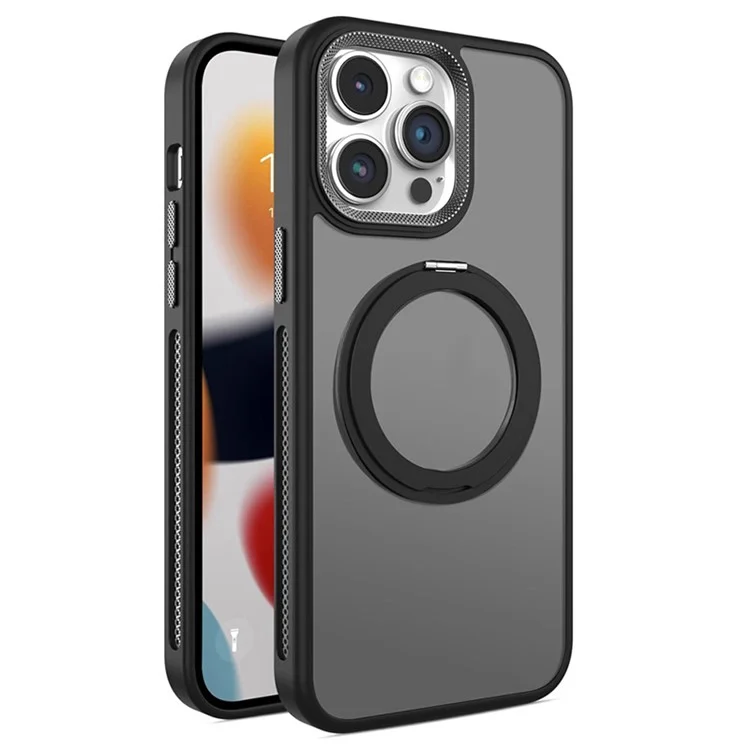 For iPhone 13 Pro Max Magnetic Case Rotary Ring Kickstand PC+TPU Protective Phone Cover - Black