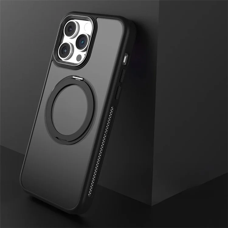 For iPhone 13 Pro Max Magnetic Case Rotary Ring Kickstand PC+TPU Protective Phone Cover - Black