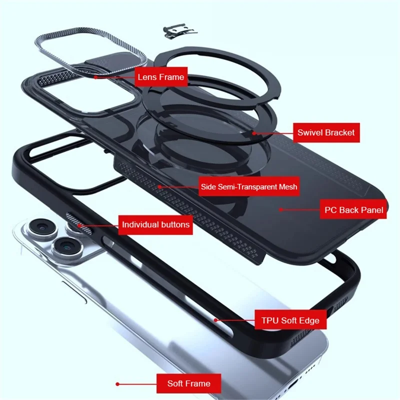 For iPhone 15 Pro Max Case PC+TPU Bump Proof Ring Kickstand Phone Cover Compatible with MagSafe - Black