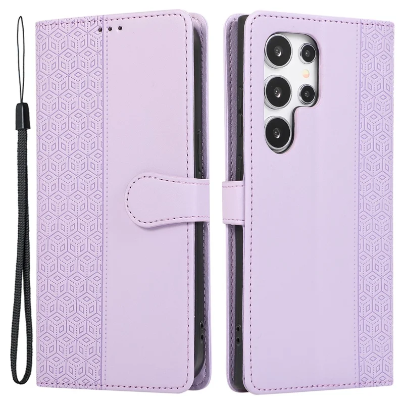 R20 for Samsung Galaxy S24 Ultra Leather Case Splicing Imprinted Rhombus Phone Wallet Cover - Purple
