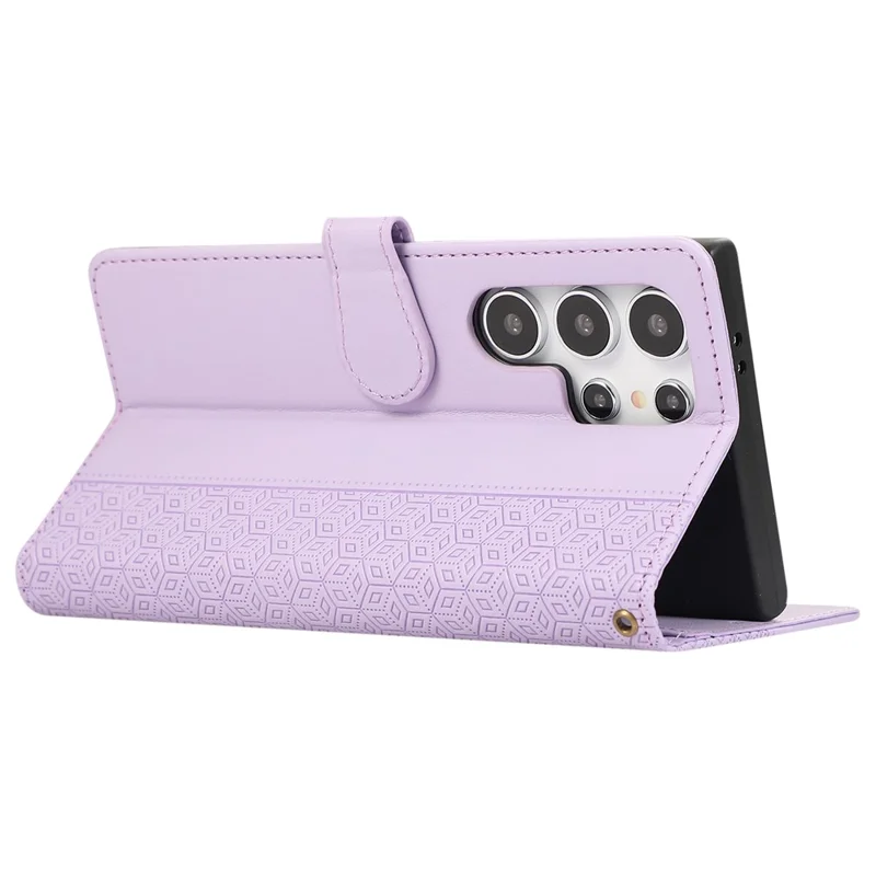 R20 for Samsung Galaxy S24 Ultra Leather Case Splicing Imprinted Rhombus Phone Wallet Cover - Purple
