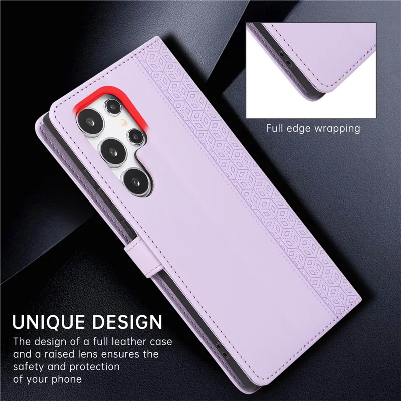 R20 for Samsung Galaxy S24 Ultra Leather Case Splicing Imprinted Rhombus Phone Wallet Cover - Purple