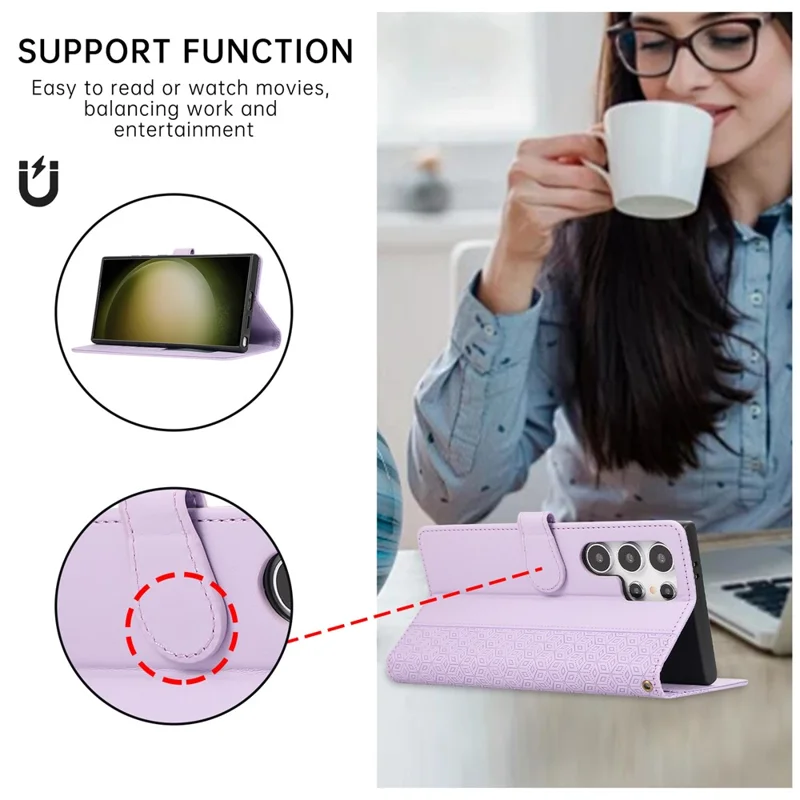 R20 for Samsung Galaxy S23 Ultra Case Splicing Rhombus PU Leather Stand Wallet Cover - Purple