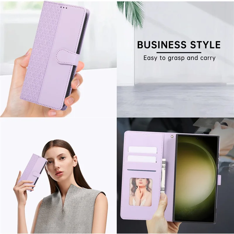R20 for Samsung Galaxy S23 Ultra Case Splicing Rhombus PU Leather Stand Wallet Cover - Purple