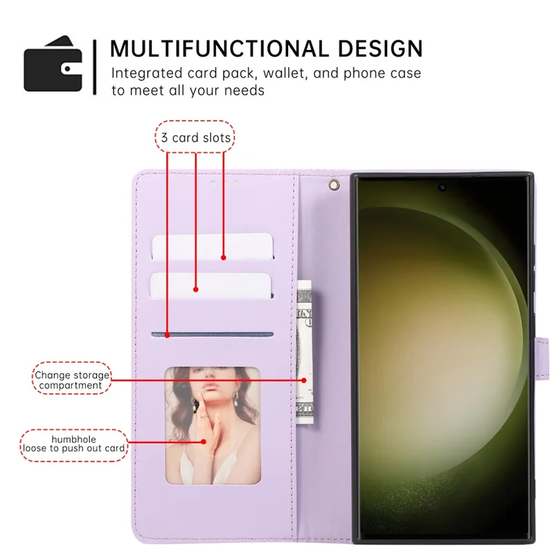 R20 for Samsung Galaxy S23 Ultra Case Splicing Rhombus PU Leather Stand Wallet Cover - Purple