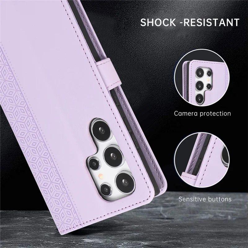 R20 for Samsung Galaxy S23 Ultra Case Splicing Rhombus PU Leather Stand Wallet Cover - Purple