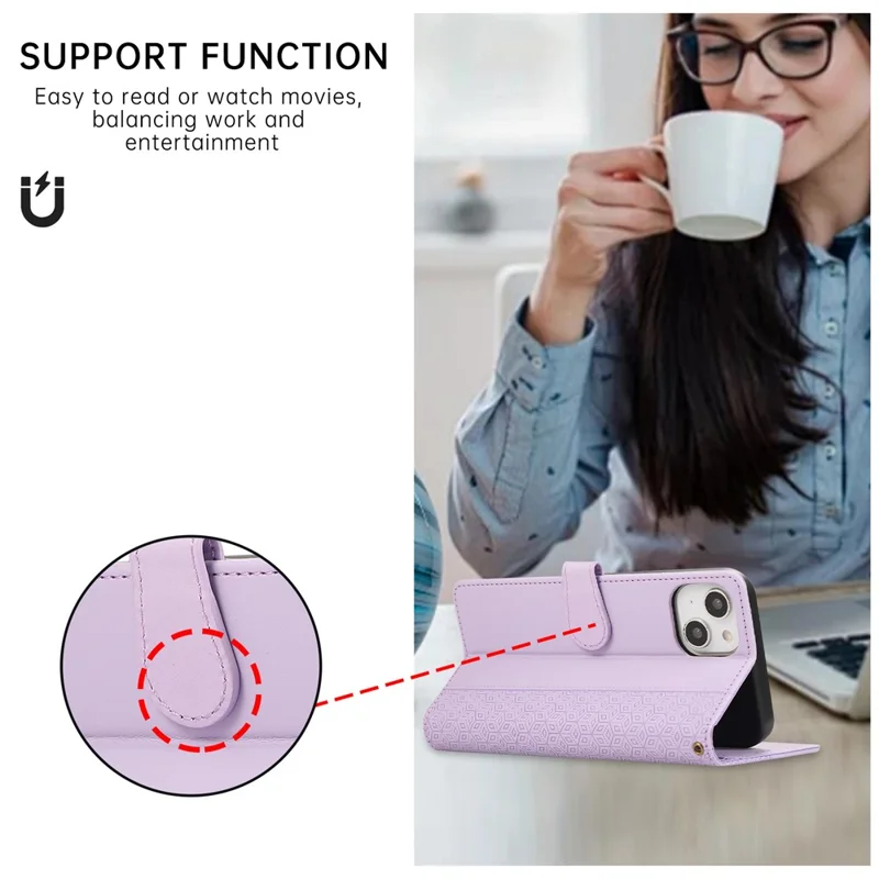 R20 voor iPhone 15 Plus hoesje met ruitmotief in gelamineerd lederen portemonnee-ontwerp - Paars