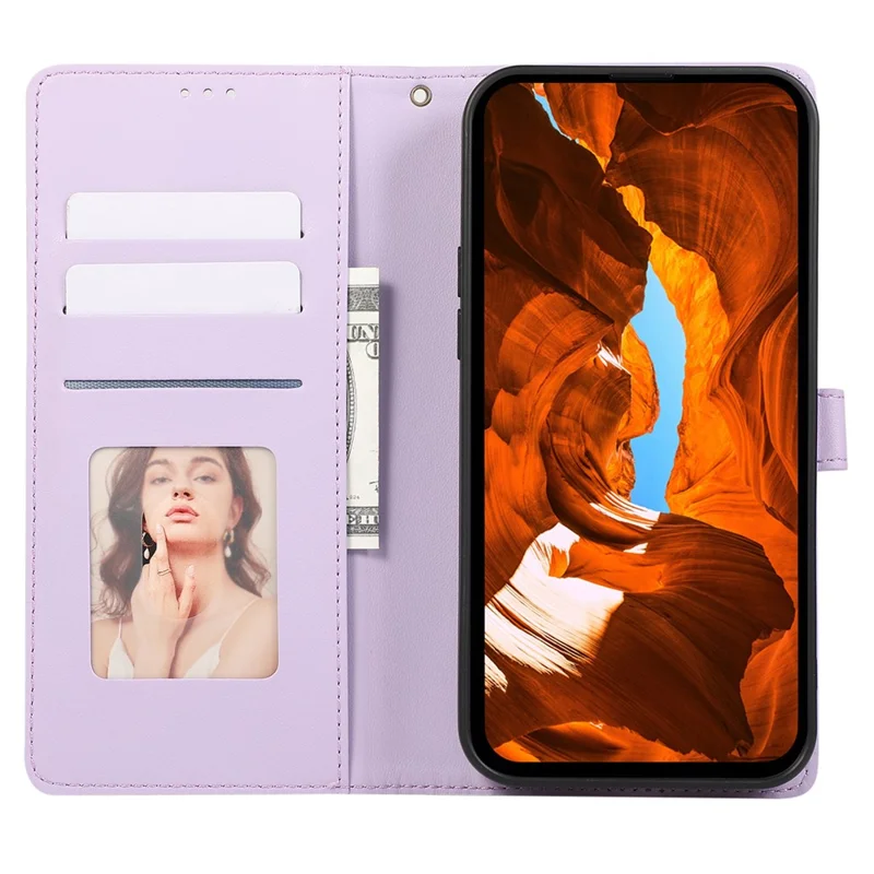 R20 voor iPhone 15 Plus hoesje met ruitmotief in gelamineerd lederen portemonnee-ontwerp - Paars